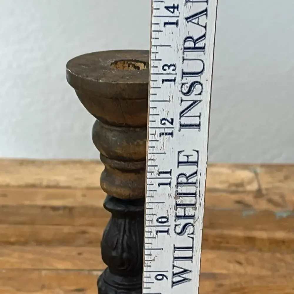 Antique Candle Holder Hand Carved Cast Iron and Wood 12.8